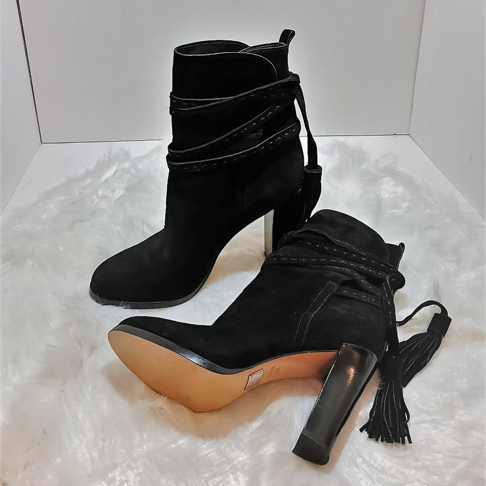 Brand New Michael Kors Block Heel Wrapped Ankle Black Suede Tassel Boot 38.5